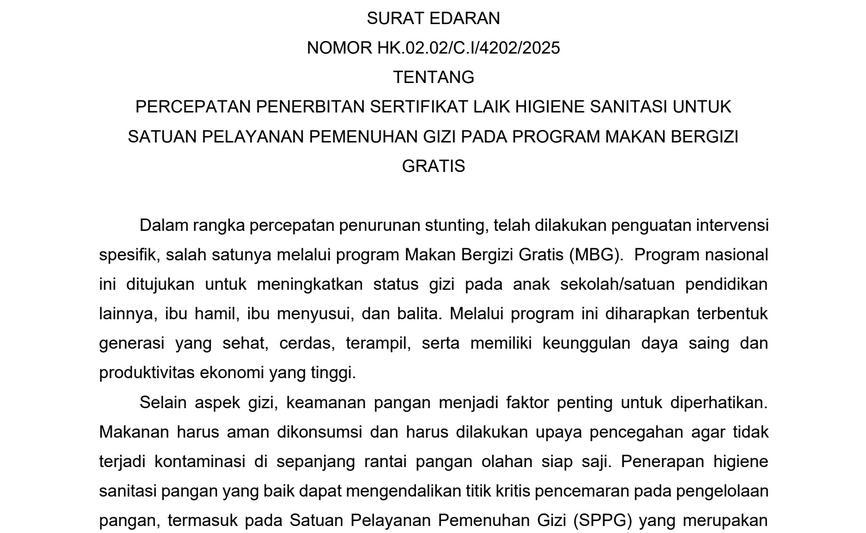 Pemerintah Terbitkan SE Percepatan Penerbitan SLHS  Program MBG